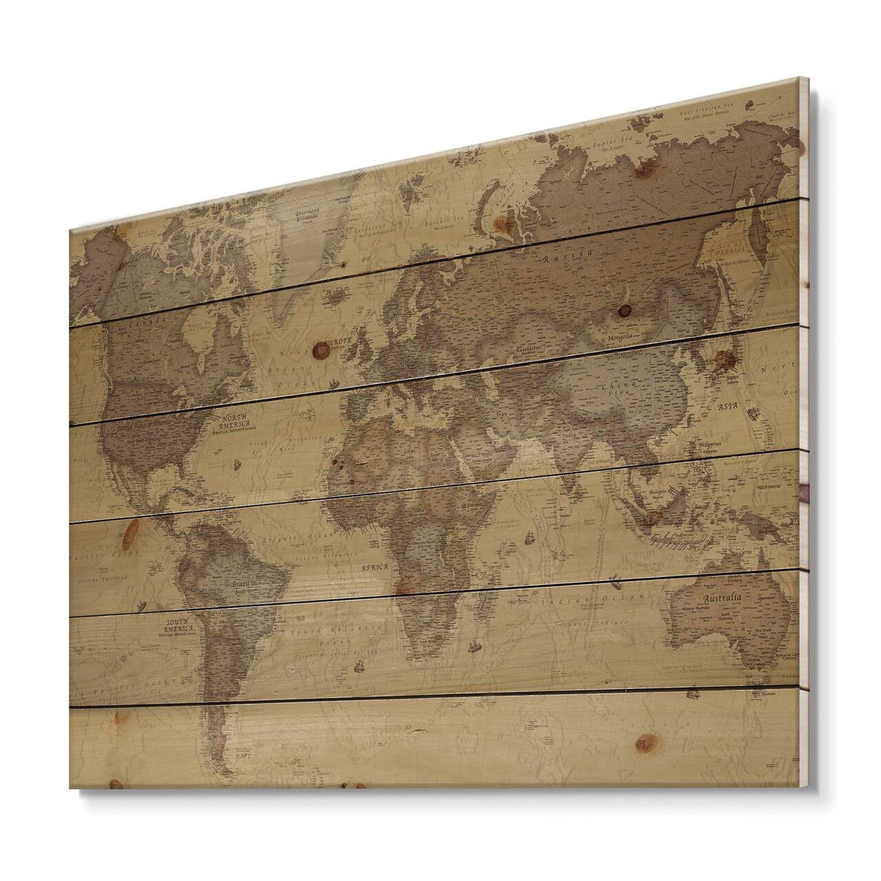 Designart - Ancient Map of The World III - Vintage Print on Natural Pine Wood